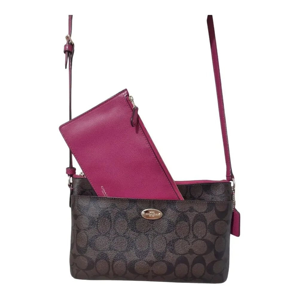 COACH East/West Pop Up Crossbody Dark Brown Fuchsia Contrast w/ Removeable Bag